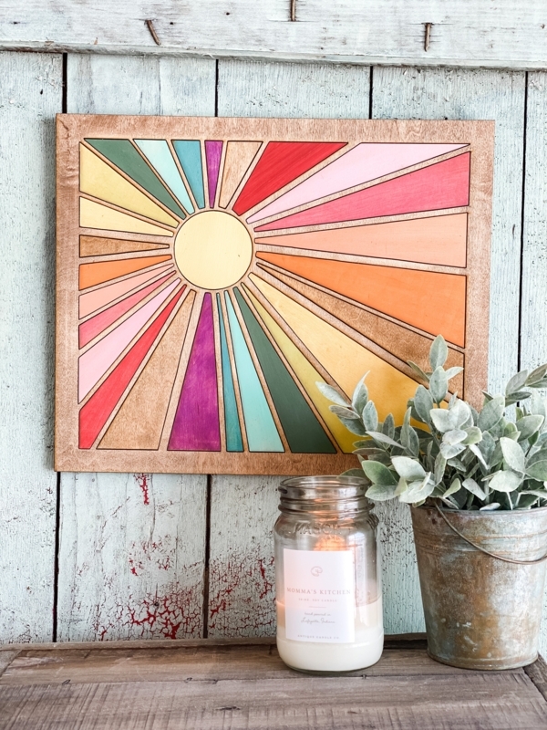 DIY Wall Art Sunburst Kit with Multicolor Rays and Framed Edge