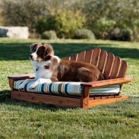 Dog Bed Adirondack Style, Wood Slatted Pet Sofa, Striped Cushion