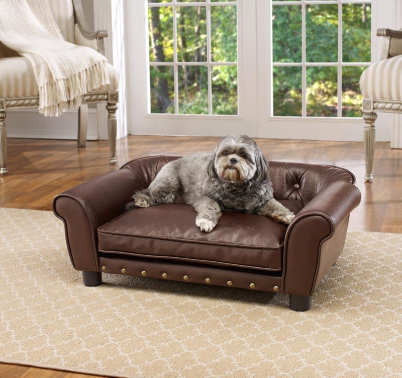 Dog Bed Chocolate Brown Faux Leather Nailhead Trim Rolled Arms Pet Sofa