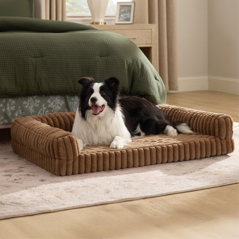 Dog Bed Cocoa Brown Corduroy Fabric Ribbed Texture Bolster Pet Sofa