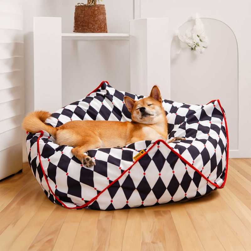 Dog Bed Harlequin Pattern Polygonal Shape Red Accents