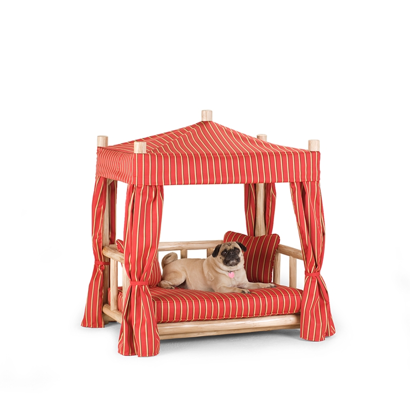 Dog Bed Log Style Frame, Rustic Cabana Canopy Red Striped Cushion