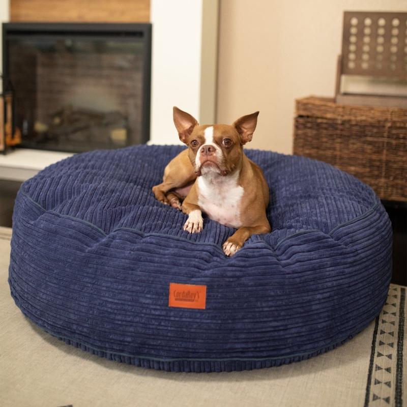 Dog Bed Navy Blue Ribbed Corduroy Round Cushion