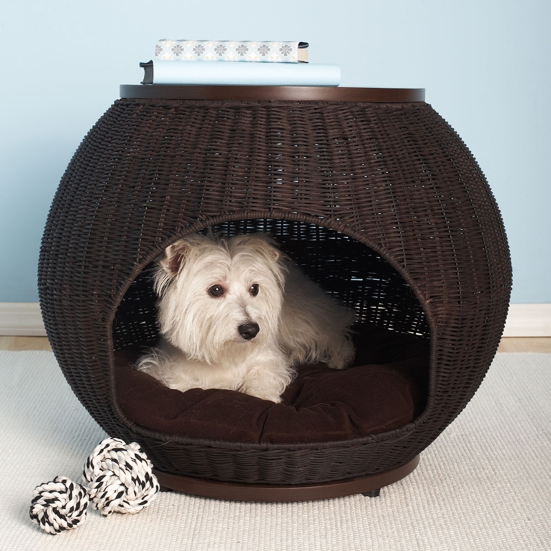 Dog Bed Side Table Spherical Shape, Espresso Wicker Pet House