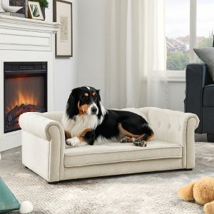 Dog Couch Warm Cream Upholstery Tufted Backrest Rolled Arms Pet Sofa Bed
