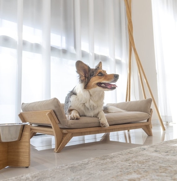 Dog Couch Wood Toned Frame Angled Legs Side Bolsters Elevated Pet Sofa