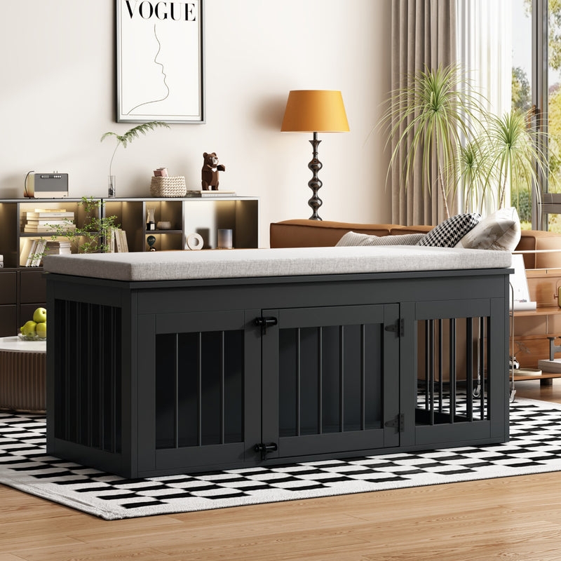 Dog Crate Bench in Charcoal Gray with Upholstered Cushioned Top