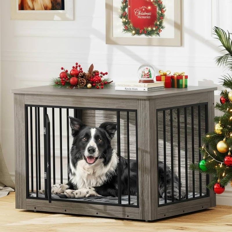 Dog Crate Furniture in Greige Wood Tone with Waterproof Top
