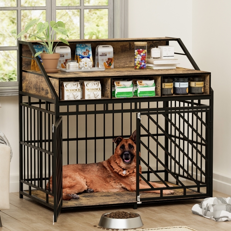 Dog Crate Furniture Integrated Storage Hutch, Rustic Wooden Kennel