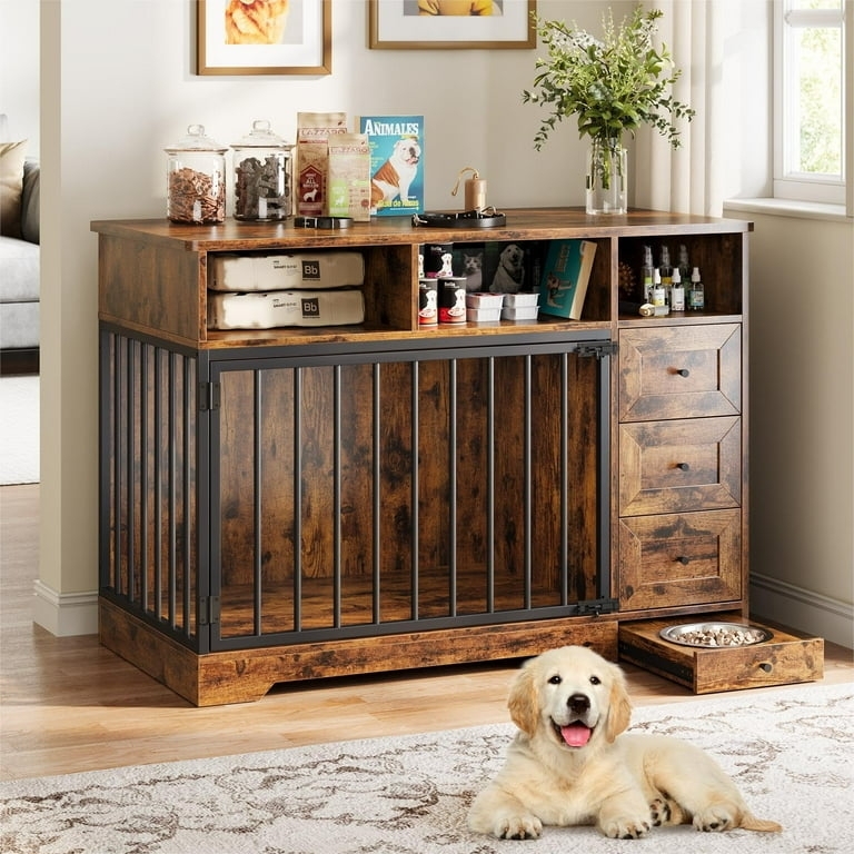 Dog Crate Furniture with Pull Out Bowls and Storage Drawers