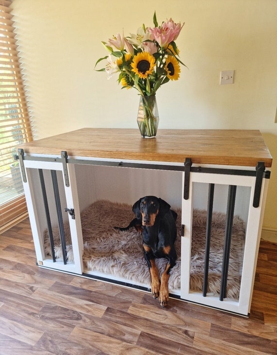 Dog Crate Furniture with Sliding Barn Doors and White Finish