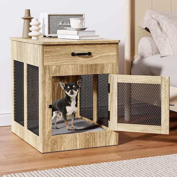 Dog Crate Nightstand in Light Oak with Mesh Panels and Drawer