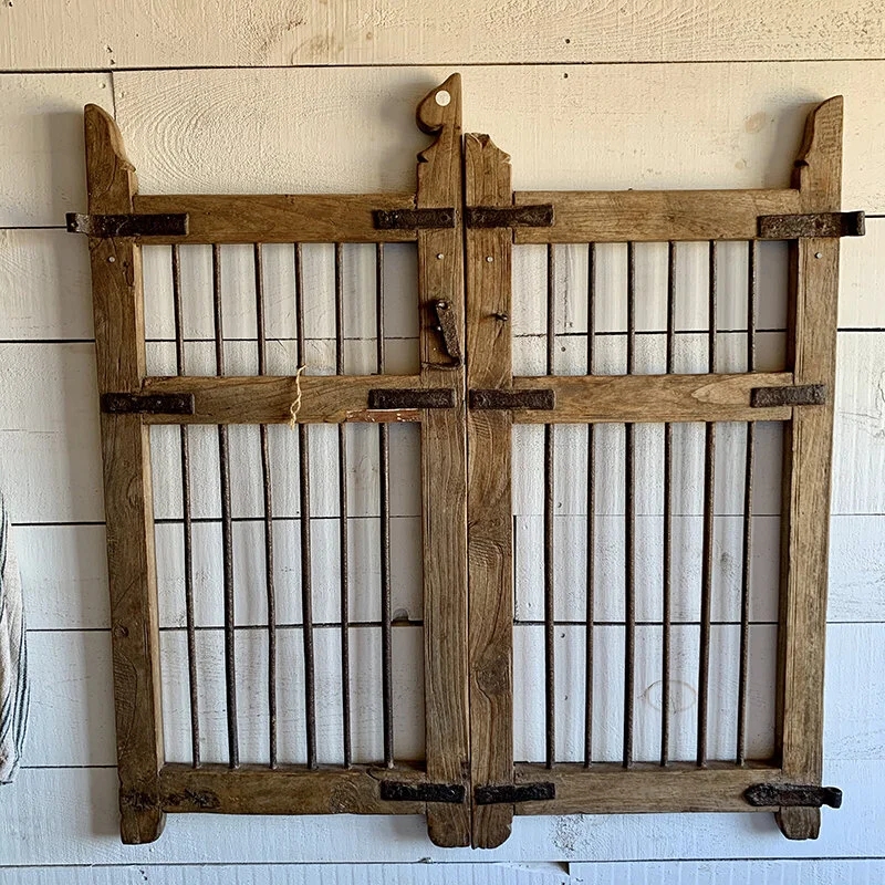 Dog Gate, Rustic Industrial Teak Wood with Iron Bars and Carved Finials