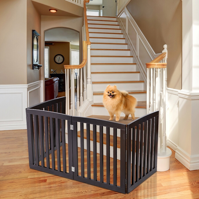 Dog Gate, Traditional Espresso Brown Four Panel Freestanding Barrier