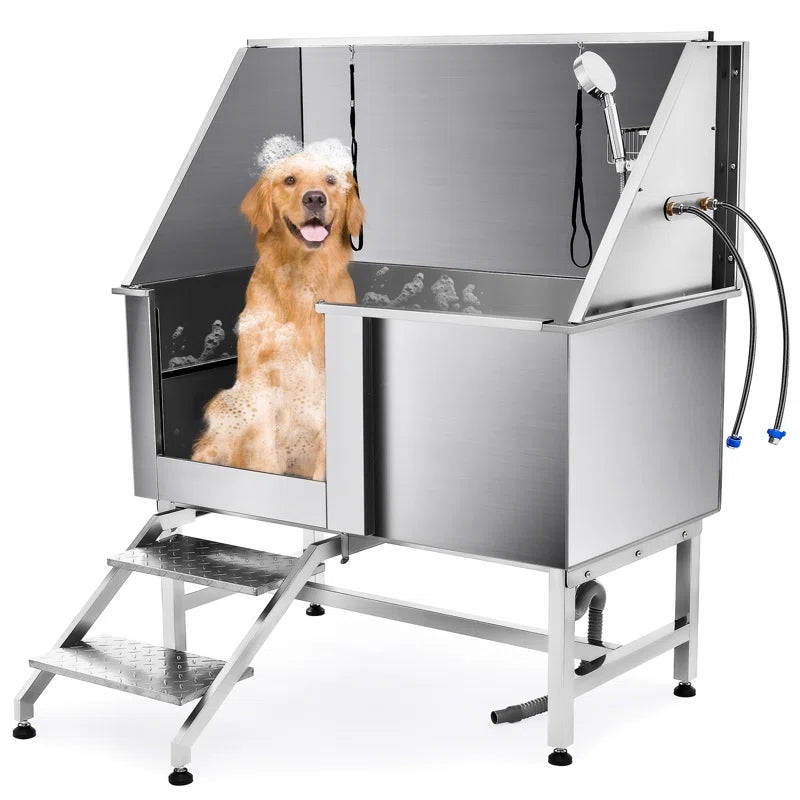 Dog Grooming Tub with Diamond Plate Steps & Arm