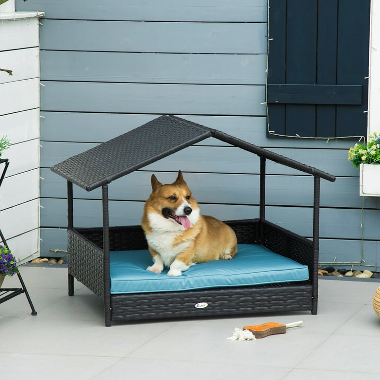 Dog House A-Frame Canopy, Turquoise Cushion Elevated Wicker Pet Bed
