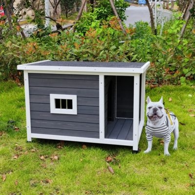 Dog House Integrated Porch, Charcoal Gray Wooden Pet Cabin
