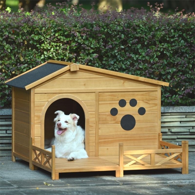 Dog House Paw Print Graphic, Arched Entry Wooden Kennel Porch