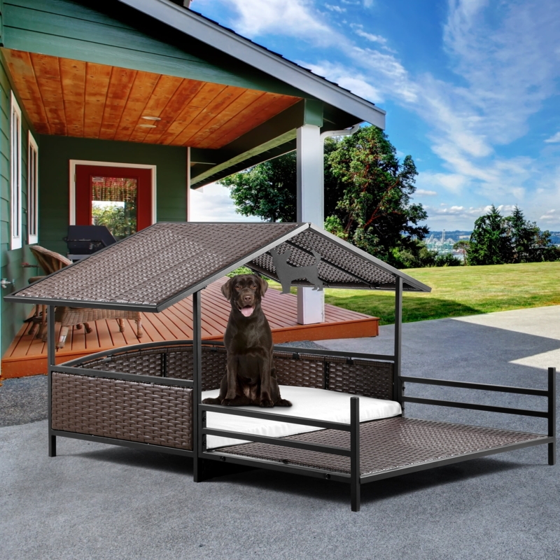 Dog House Sun Deck, Espresso Rattan Raised Kennel Canopy Bed