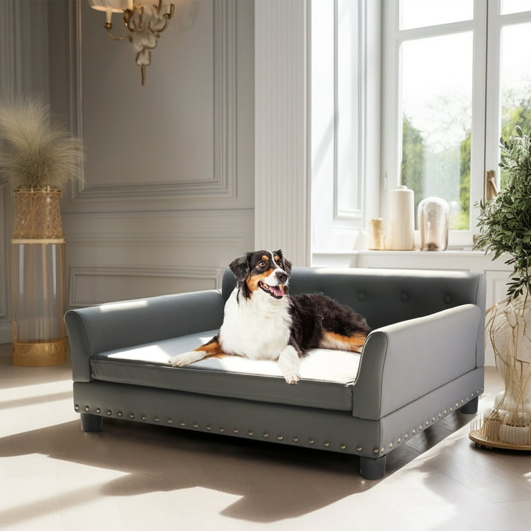 Dog Sofa Charcoal Grey Leather-Like Nailhead Trim Raised Legs Lounge Bed