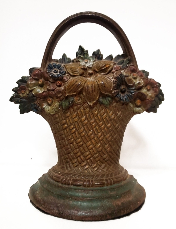 Door Stop: Cast Iron Floral Basket with Woven Texture and Handle