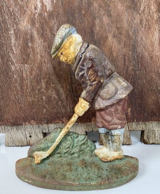 Door Stop Figurine: 1940s Cast Iron Golfer with Distressed Paint