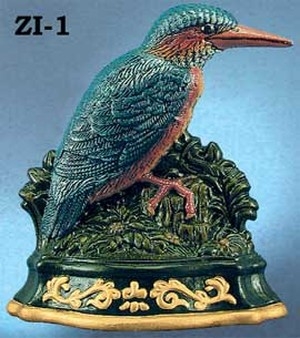 Door Stop: Hand-Painted Cast Iron Kingfisher Bird on Scrolled Pedestal