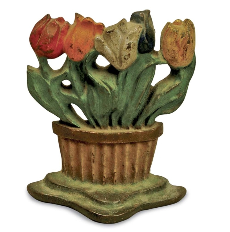 Door Stop: Painted Cast Iron Tulip Garden Motif with Fluted Base