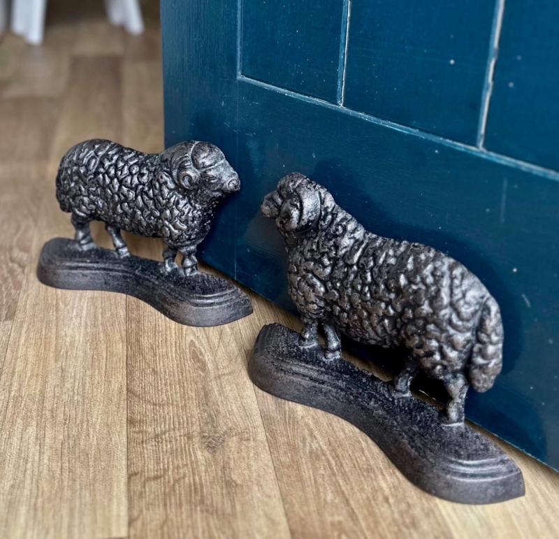Door Stop Pair: Cast Metal Ram Wedges with Textured Wool Detail