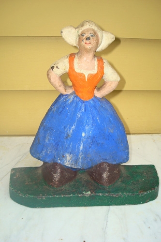 Doorstop Figurine: Antique Cast Iron Dutch Girl in Blue and Orange