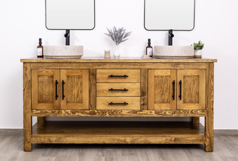 Double Bathroom Vanity Solid Pine with Vessel Sinks & Open Shelf