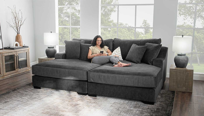 Double Chaise Lounge Charcoal Grey Extra Deep Seat Oversized Cushions