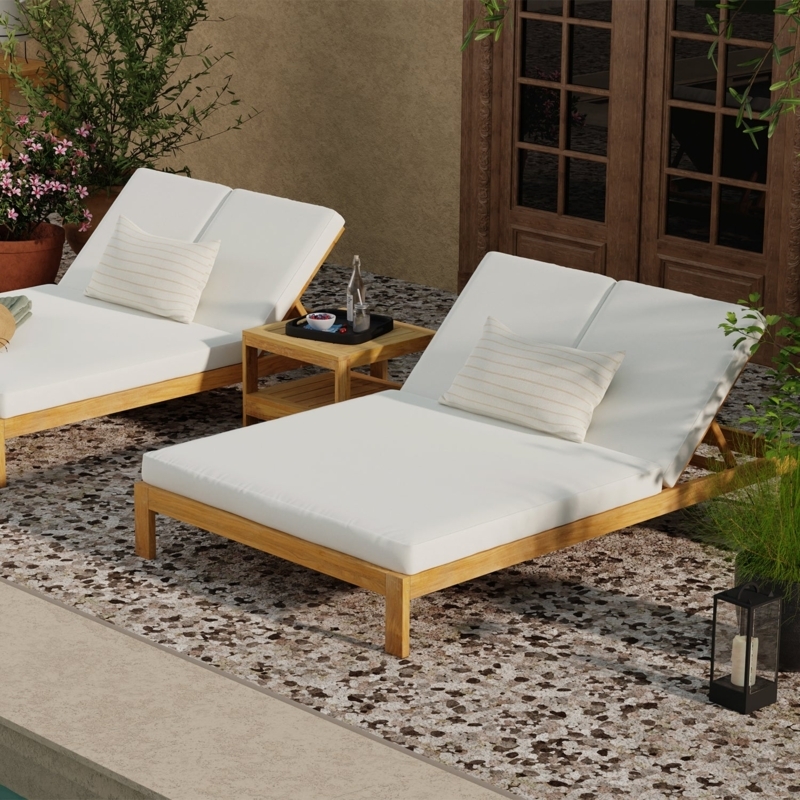 Double Chaise Lounge, Outdoor Wood Frame, Split Backrest, Luxury Seating