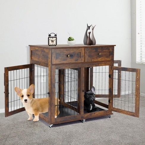 Double Dog Crate End Table on Swivel Casters with Storage
