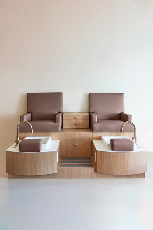 Double Pedicure Station with Wood Toned Base and Integrated Basins