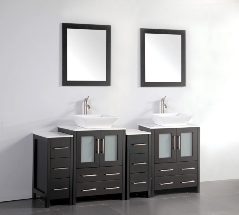 Double Vanity Frosted Glass Inserts Espresso Finish Matching Mirrors