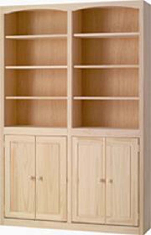Double Width Pine Bookcase with Arched Top and Recessed Panel Doors