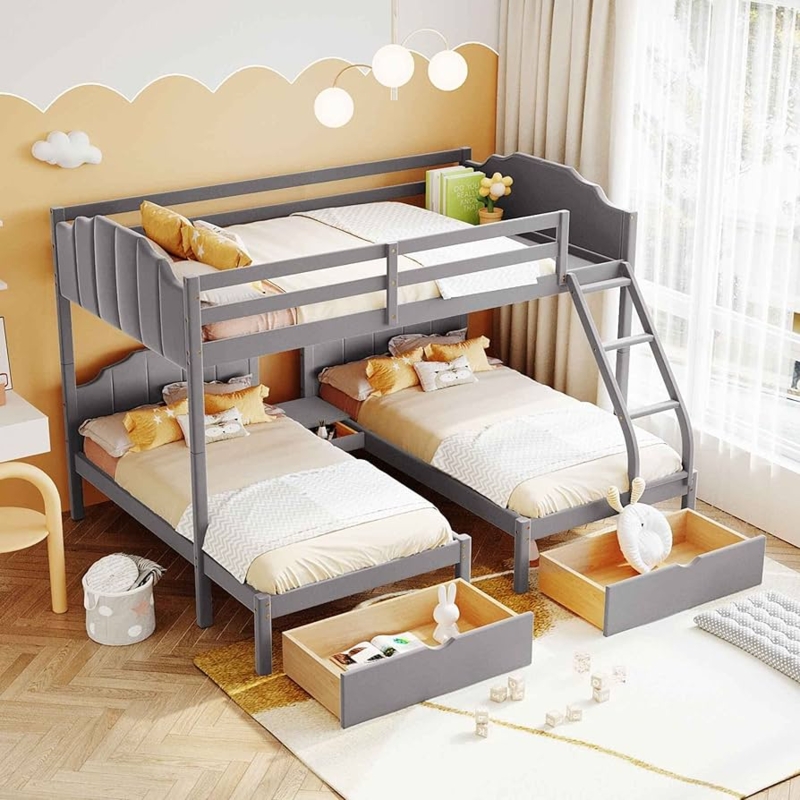 Dove Grey L-Shaped Triple Bunk Bed Underbed Drawers