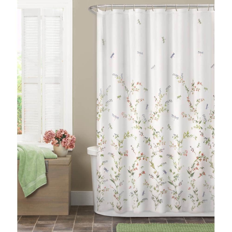 Dragonfly Garden Shower Curtain, Multi-Colored Meadow Floral, Semi-Sheer.