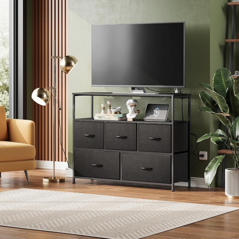 Dresser TV Stand, Fabric Drawers, Metal Frame, Small Space Storage.