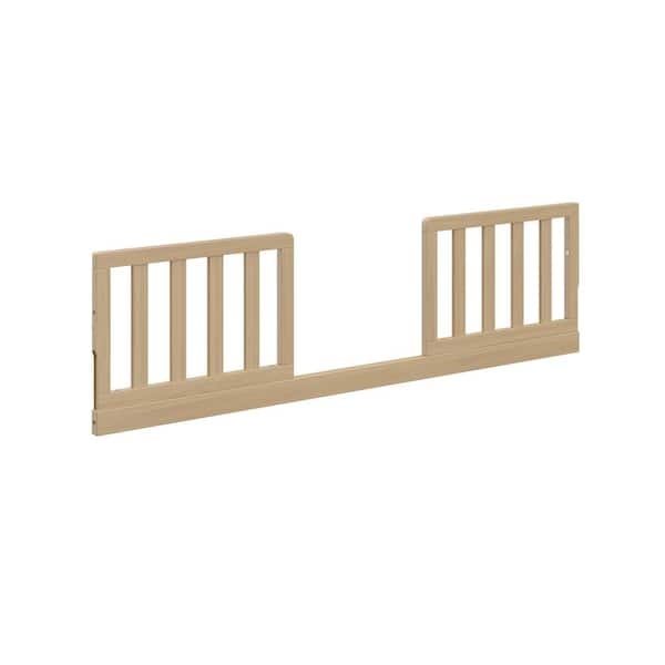 Driftwood Toddler Guardrail: Split Slat Design with Center Opening.