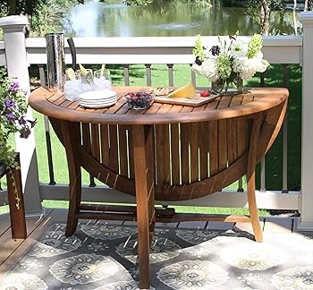 Drop Leaf Table, Round Slatted Wood Outdoor Console with Curved Apron