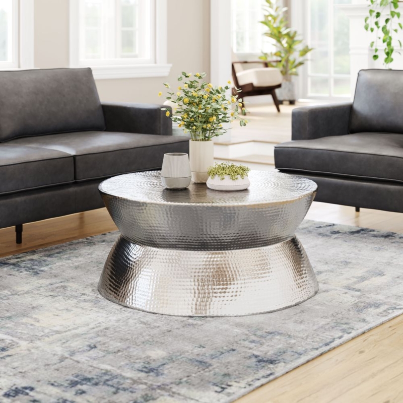 Drum Coffee Table Hammered Texture Hourglass Silhouette