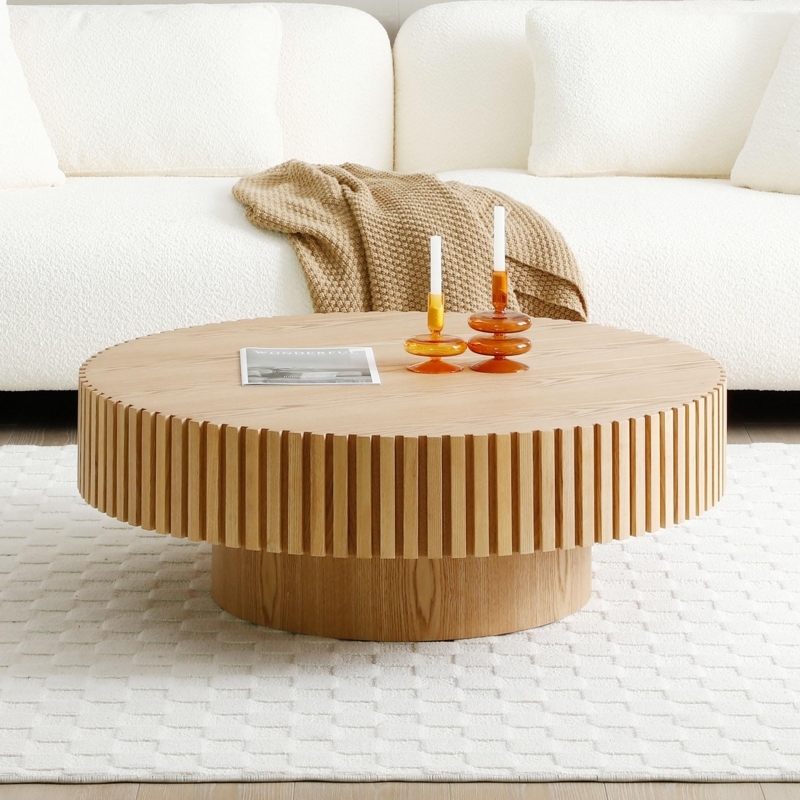Drum Coffee Table in Natural Ash with Fluted Vertical Slats