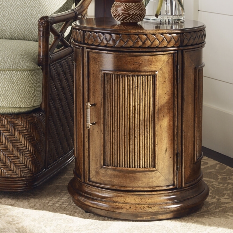 Drum End Table: Ribbed Panel, Braided Rim, Warm Honey Brown Finish