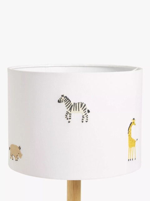 Drum Lampshade Embroidered Safari Animals White Fabric