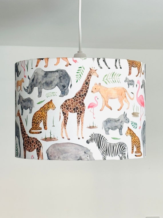 Drum Lampshade Watercolor Safari Multi Species Flamingo Accents
