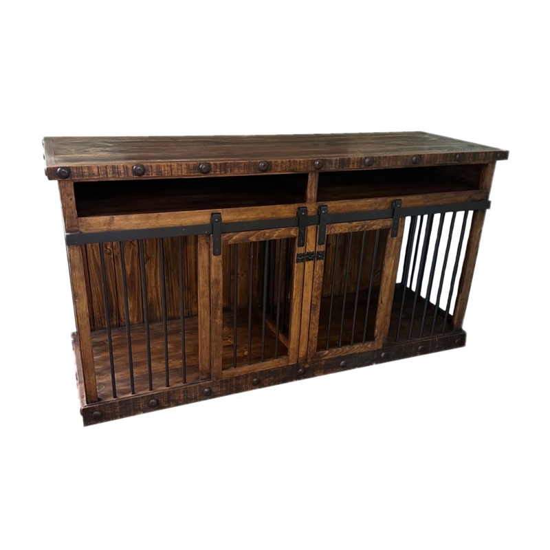Dual Dog Crate Stand in Espresso with Sliding Barn Doors