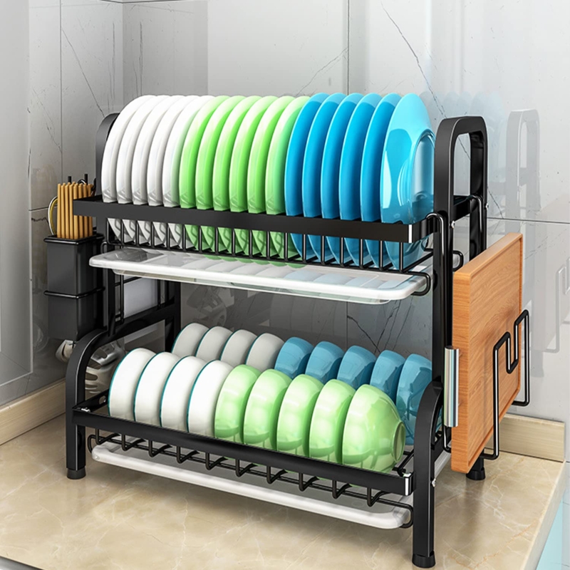 Dual-Level Two-Tier Black Dish Rack with Removable Drainboard