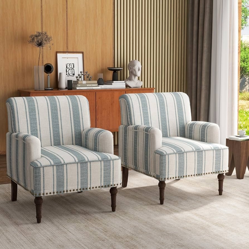Dusty Blue Stripe Accent Chairs Set of 2, Nailhead Trim, Turned Legs